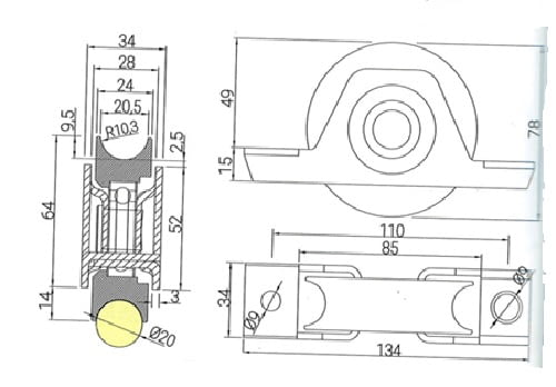 Esquema medidas rueda 80 mm con soporte atornillar